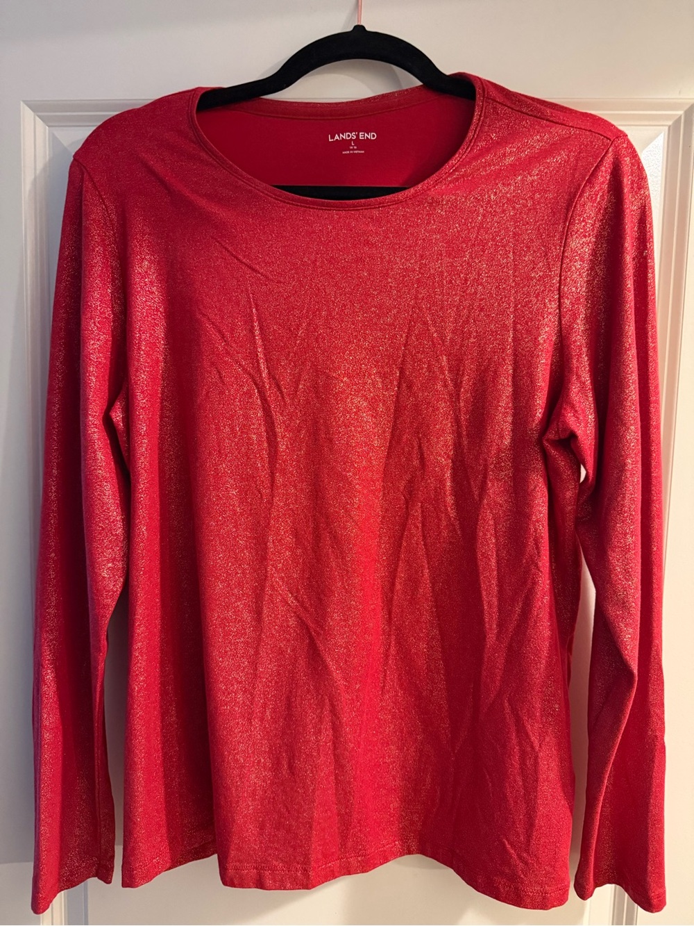 Lands' End Women’s L Red Solid Glitter Knit Scoop Neck Long Sleeve Pullover Top